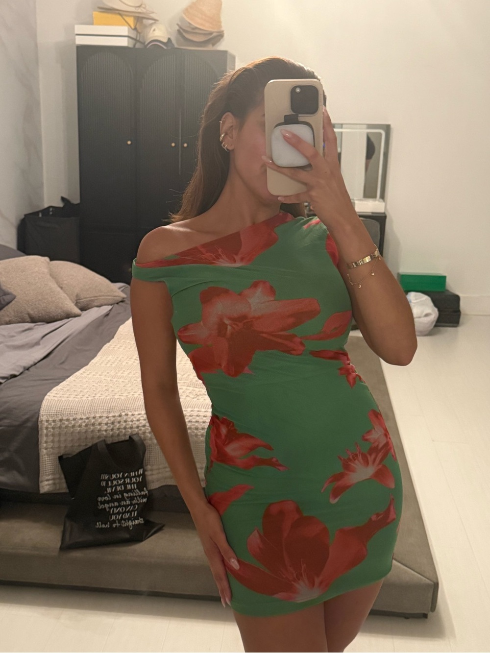 Green Floral Off-Shoulder Bodycon Dress